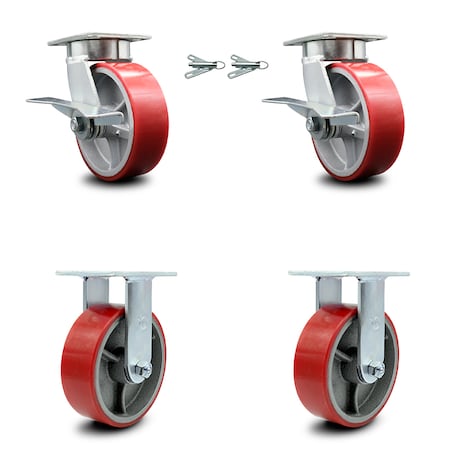 6 Inch Kingpinless Red Poly On Steel Wheel Caster Swivel Locks 2 Rigid, 2PK